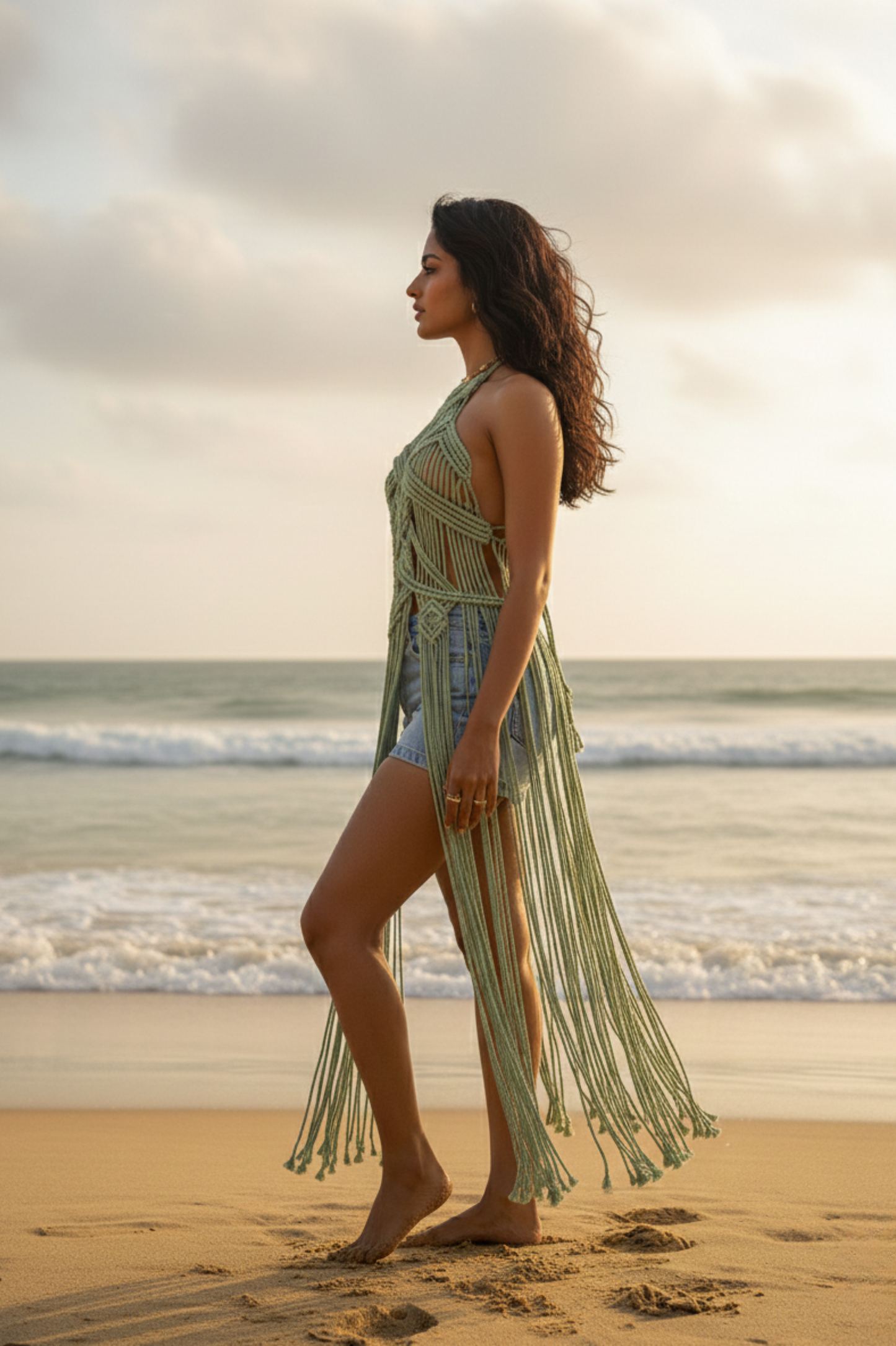 Seafoam green macrame fringe dress