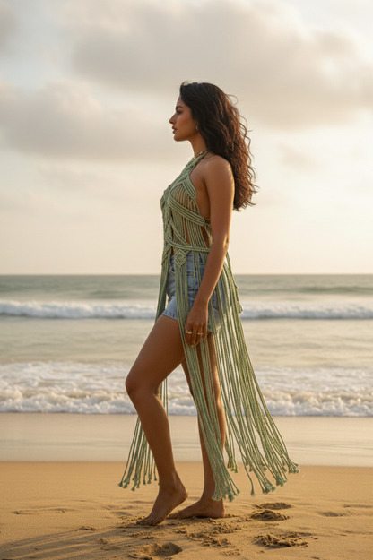 Seafoam green macrame fringe dress