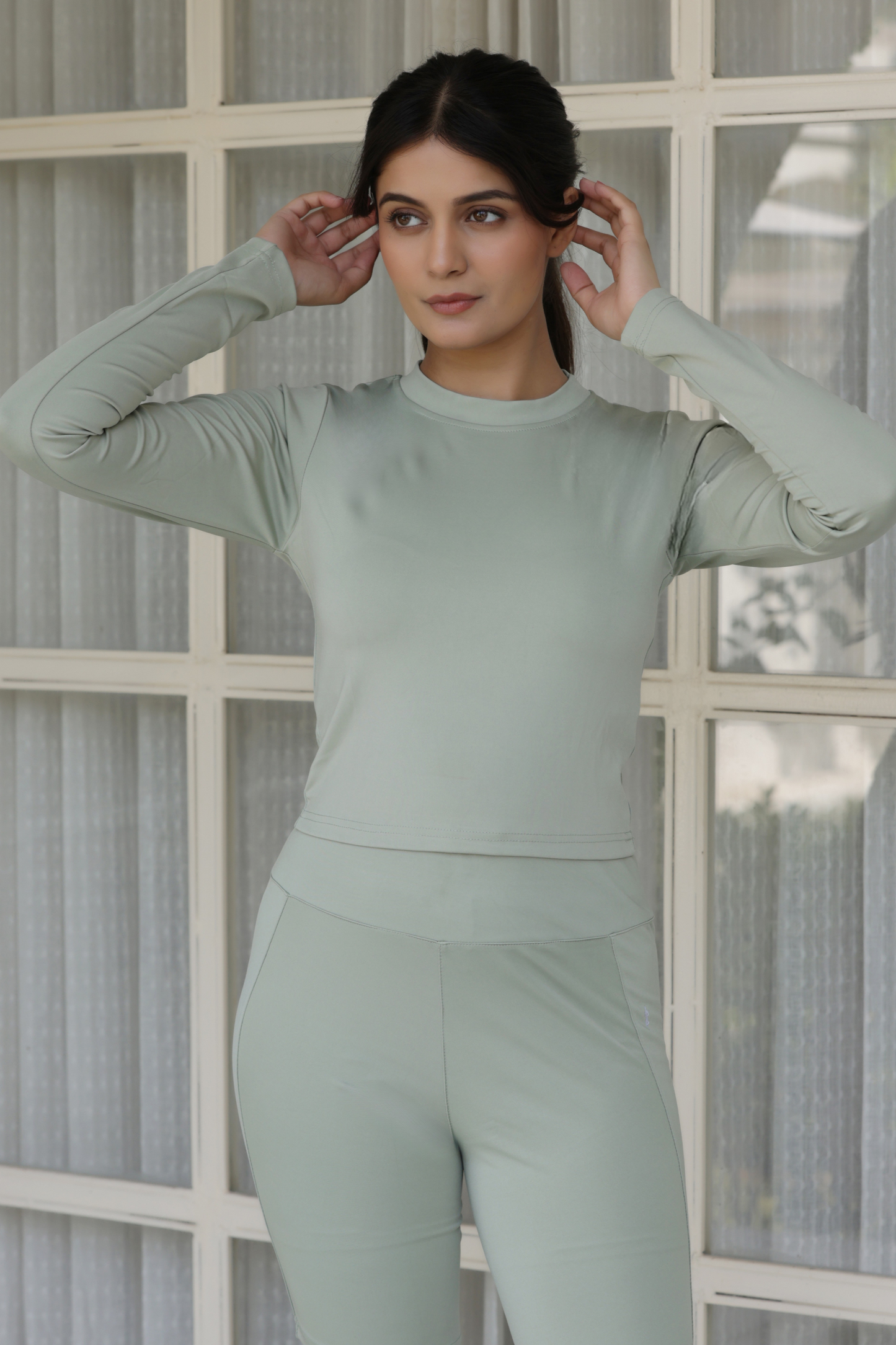 The Rachel High Waisted Flared Trousers Co-Ord Set | Sage Green