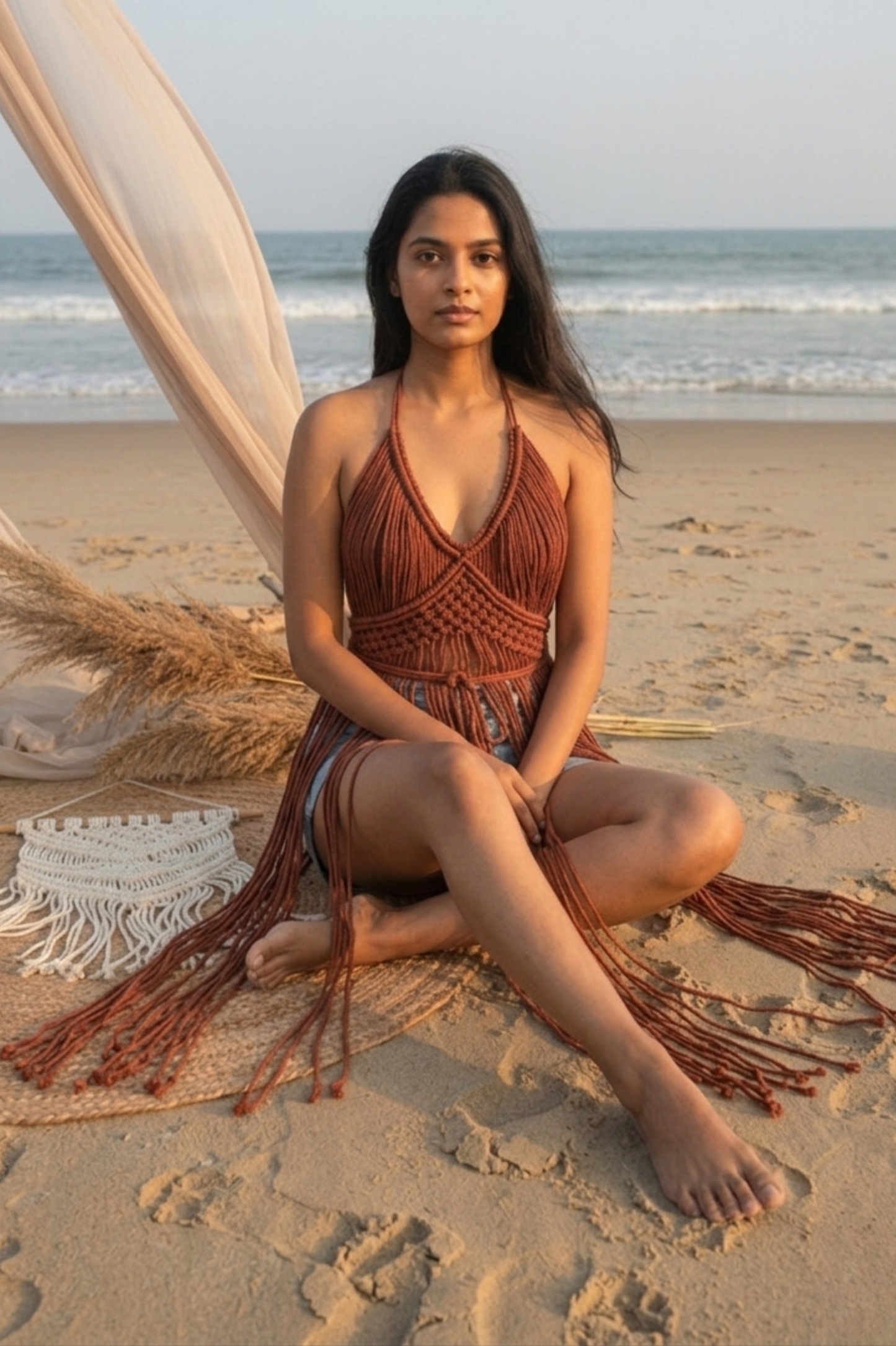 Rust tide macrame fringe dress