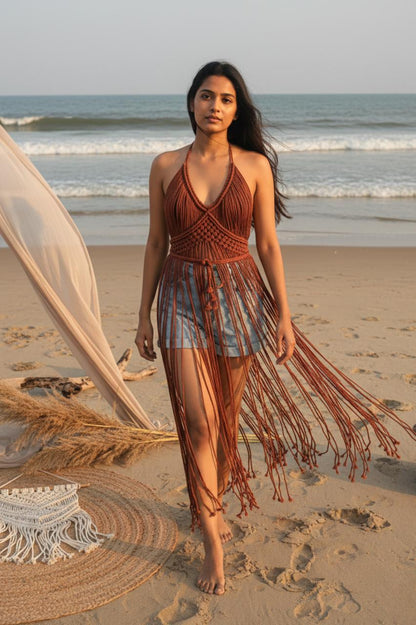 Rust tide macrame fringe dress