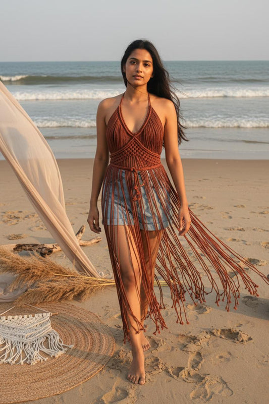 Rust tide macrame fringe dress